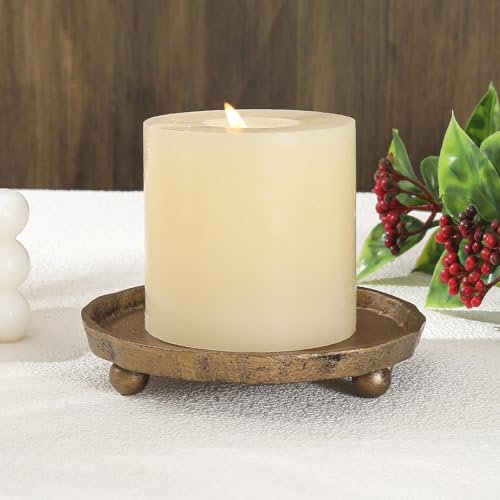 Vintage Cast Iron Pillar Candle Holder Plate, Rustic Brass Candle Tray – Round Candle Base Stand for Small Pillar Candles,...