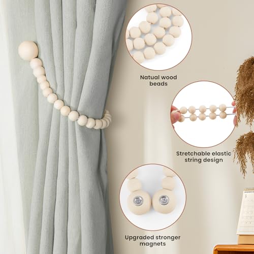 KLOGTSIND Magnetic Curtain Tiebacks, Curtain Holdbacks for Curtains 2 Pack, Wood Bead Curtain Holders for Boho Bedroom Dec...