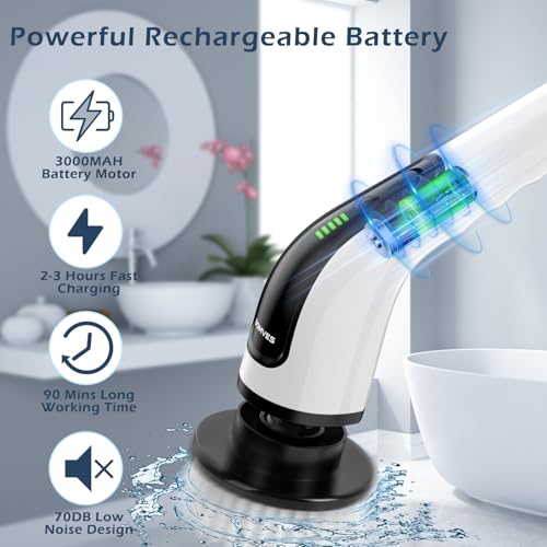 Bomves Electric Spin Scrubber, Cordless Cleaning Brush Scrubber for Home, 8 Replaceable Brush Heads-90Mins Work Time, 3 Ad...