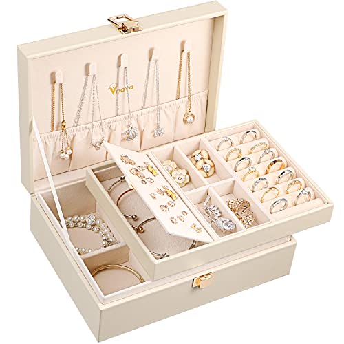 Voova Jewelry Box Organizer for Women Girls, 2 Layer Large Men Jewelry Storage Case, PU Leather Display Jewellery Holder w...