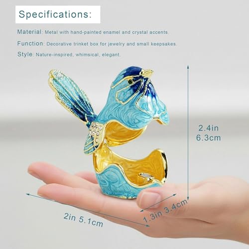 YU FENG Enamel Bird Trinket Box Jewelry Organizer, Hand Painted Decorative Hinged Keepsake Box – Blue Bird