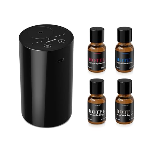 Scentbots Waterless Essential Oil Diffuser Starter Kit with 4 x 10mL Hotel Scent Fragrance Oils, Battery Operated Mini Sce...