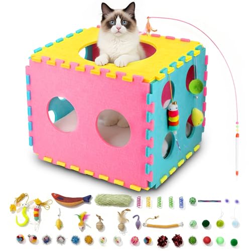 MOYMO 41 Pcs Interactive Cat Toys for Indoor Cats, Kitten Toys with Soft Pillow, Catnip Toys, Chew Rope, Feather Wand, Spr...