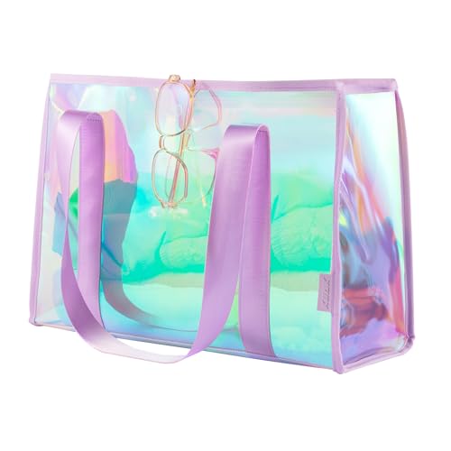 KUAK Iridescent Clear Beach Tote Bag for Women Girls Large Waterproof with Inner Zipper Pocket for Swim Pool Travel Vacation