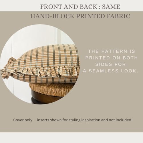 Palm & Loom 100% Cotton Linen Cushion Cover - Mitti Decorative Throw Pillow Case with Brown Check with Self Ruffle Trim - ...