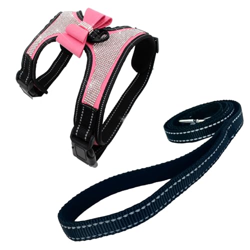 Newtensina 2pcs Bow Ties Bling Cute Dog Harness with Lead for Dog - Pink - S