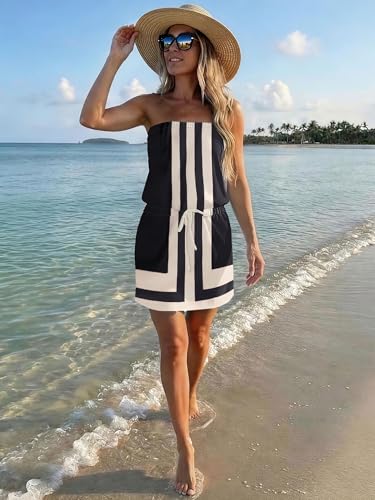 Summer Dress for Women Strapless Beach Cover Ups Boho Sundress Mini Dress Drawstring Waist with Pockets