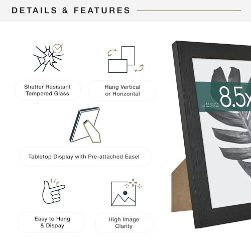 MCS Studio Gallery 8.5x11 Picture Frame Black Woodgrain Engineered Wood, Vertical & Horizontal Wall Hanging & Easel for Ta...