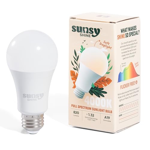 sunsy Shine - Full-Spectrum Flicker-Free A19 Sunlight Bulb for Humans - Boosts Energy, Mood, and Circadian Rhythm for Bett...
