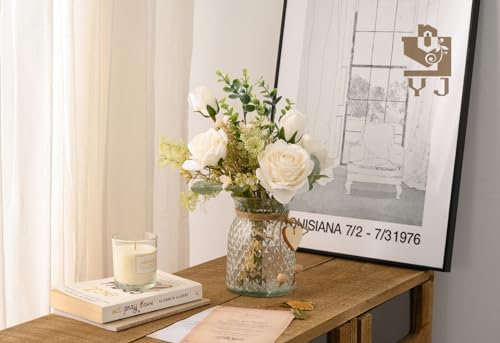 YJ Fake Flowers with Vase, Silk Roses Artificial Flowers in Vase, Faux Flower Plant Arrangement Suitable for Home Office D...