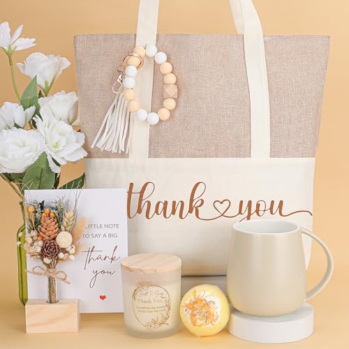 Thank You Gift for Women ,Appreciation Gift Set with Canvas Tote Bag, Ceramic Mug, Scented Candle, Bath Bomb, Dried Flower...