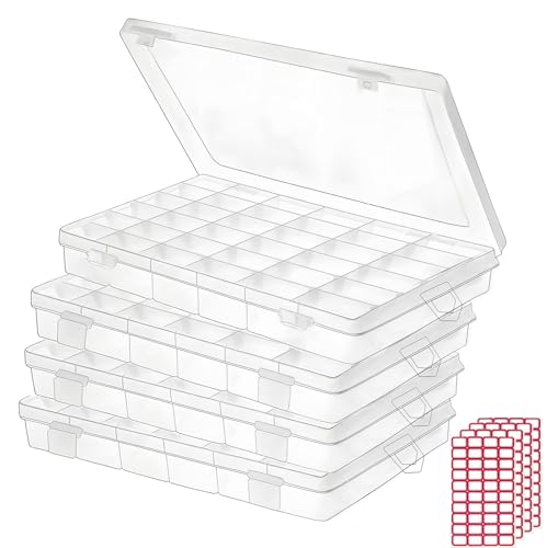 Budreu 4pack 36 Grids Plastic Clear Organizer Box Bead Storage Containers with Adjustable Dividers for Craft Jewelry Fishi...