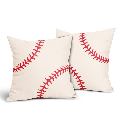 Vrysenium Baseball Pillow Covers 18x18 Inch Set of 2 Sport Themed Cotton Linen Decorative Throw Pillow Case Ball Stitches ...