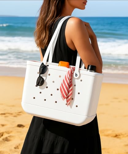 Waterproof Beach Bag Large Pool Tote with Free Charm Gift - EVA Beach Bag for Women, Sand-Free Summer Vacation Bag with Ha...