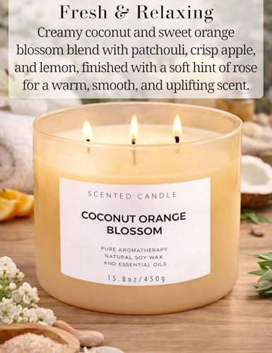Coconut Orange Blossom Scented Candle - Large 3-Wick Aromatherapy Soy Candle, 15.8 oz - Highly Scented, Clean Burning, Lon...