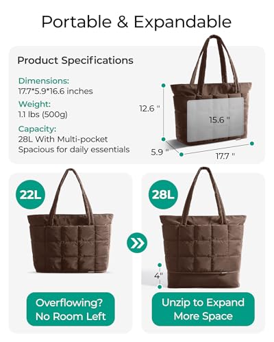 BAGSMART Expandable Tote Bag for Women, Puffer Work Tote Handbag, Quilted Carry On Bag for Travel Gym