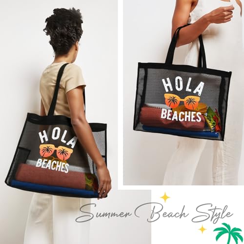 KUIRAN 30L Large Beach Bag with Pouch Foldable Sandproof Lightweight Mesh Tote Bag with Two Pockets for Swimming Travel