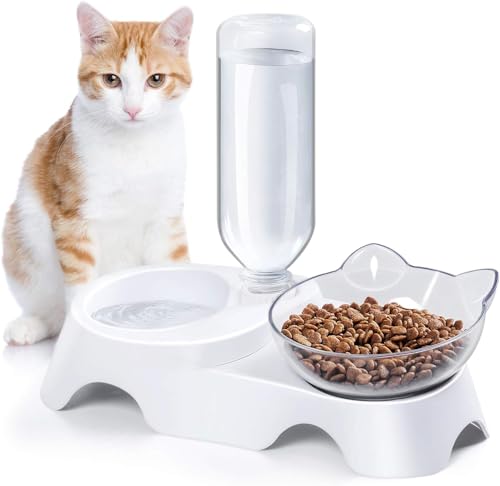 MILIFUN Double Dog Cat Bowls - Pets Water and Food Bowl Set, 15°Tilted Water and Food Bowl Set with Automatic Waterer Bott...