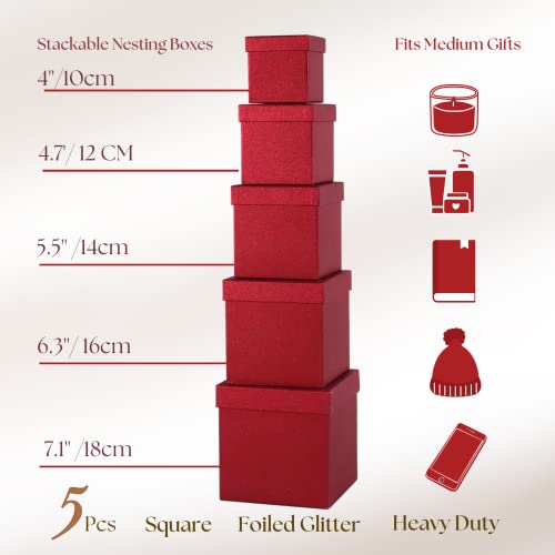 UNIQOOO 5Pcs Red Glitter Xmas Gift Box Set with Lid, Assorted Size, Square Nested Wedding Keepsake Boxes, Holiday Paper Bo...