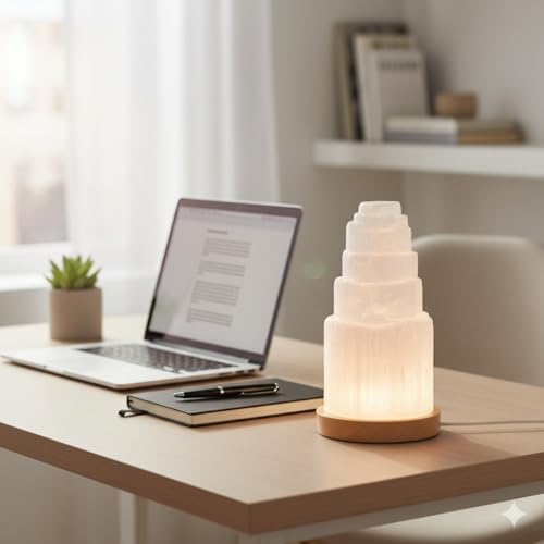 Salt Range Selenite Crystal Lamp 20cm with Wooden Base, USB Powered Natural White Selenite Stone Night Light for Bedroom, ...