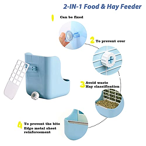 HERCOCCI PET Feeder and Water Bottle Set, Large Blue (500ml), Durable Hay Food Bin Feeder, Food Bowl, Gravity-Fed Water Di...
