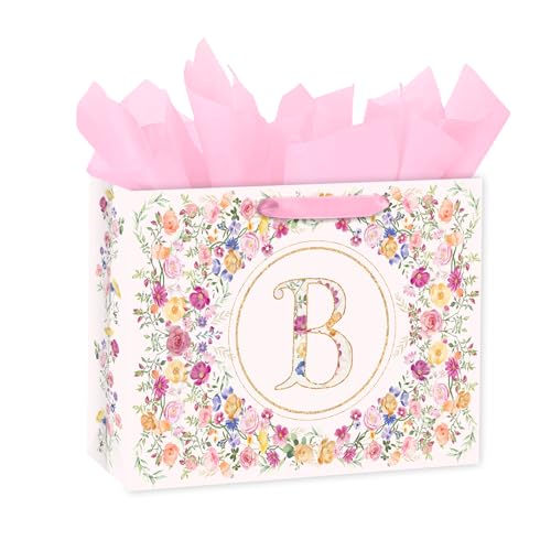 Loveinside 13" Large Floral Monogram Letter B Gift Bag, Personalized Alphabet Flower Initial Gift Bag with Tissue Paper fo...