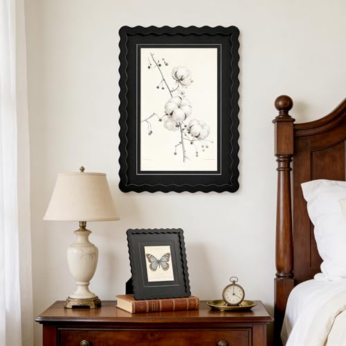 ScandiNest Scalloped 11x14 Picture Frame, Real Glass Wood Frame with Reversible Mat for 5x7/8x10 Prints, Wavy Edge for Wal...