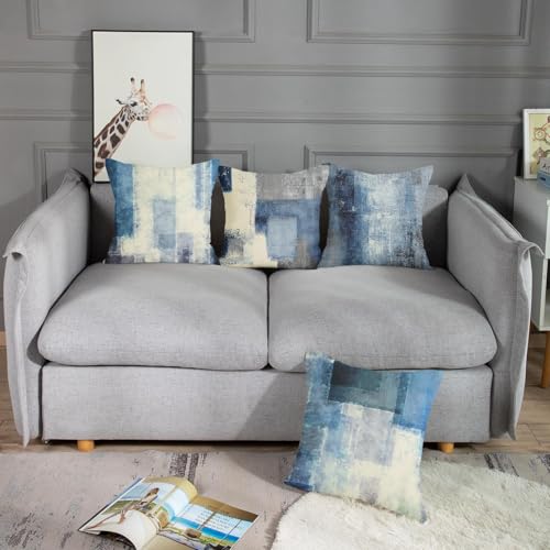 Emvency Set of 4 Throw Pillow Covers Blue and Grey White Art Artwork Contemporary Decorative Gray Cushion Sofa Bedroom Car...