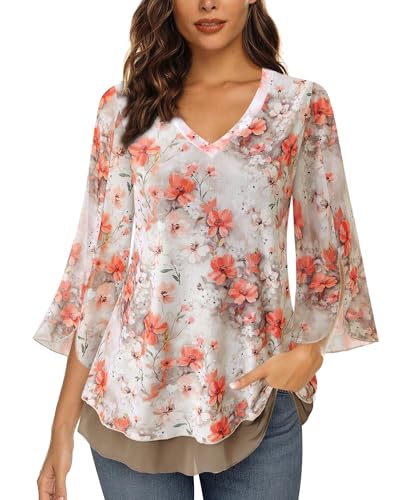 Timeson Women's 3/4 Sleeve Floral Blouses Shirts Double Layers V Neck Dressy Tunics Tops