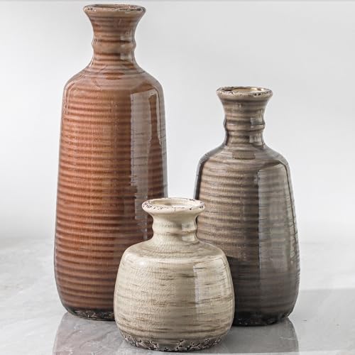 Ceramic Vases Set of 3, Neutral Rustic Farmhouse Vases Home Decor Decorative Flower Vase Modern Boho Pampass Vase for Tabl...