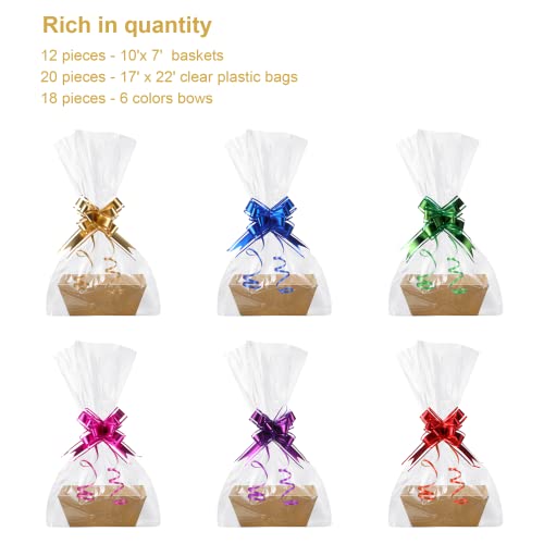 Canlierr 50 Pcs Baskets for Gifts Empty Set 12 Pcs 10 x 7 x 3 Thick Kraft Market Tray Small Gift Baskets 18 Clear Gift Bag...