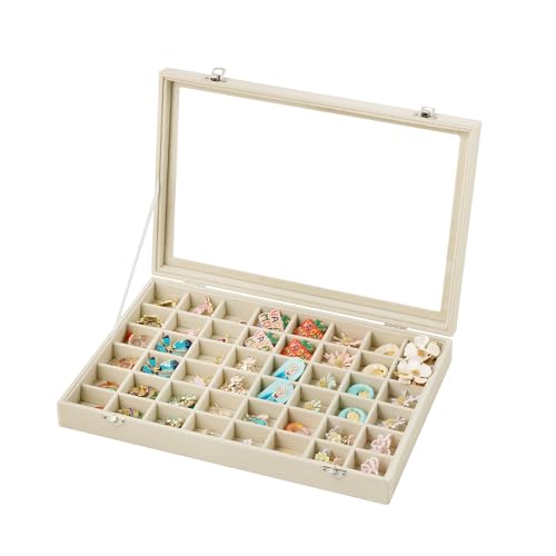 Frebeauty 48 Grid Jewelry Tray,Adjustable Earring Holder Organizer with Glass Lid,Velvet Drawer Jewelry Organizer for Ring...