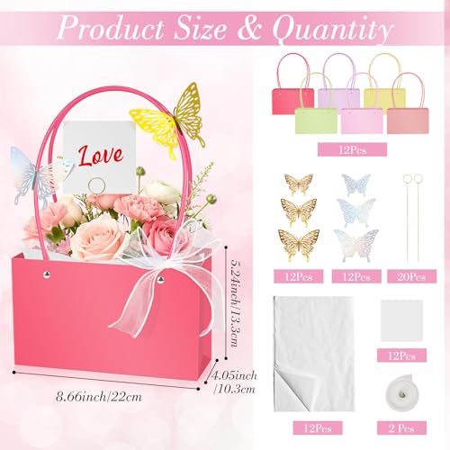 Cinrobiye Floral Gift Bag Set,12 Pcs Paper Flower Gift Bags with Handles, Ribbon, Card Holders, Cards, 3D Butterflies for ...