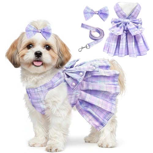 Dog Dress Bowknot Harness Leash Set for Small Dogs Girl Cute Plaid Dog Dress Pearls Bow Tie Spring Summer Princess Clothes...