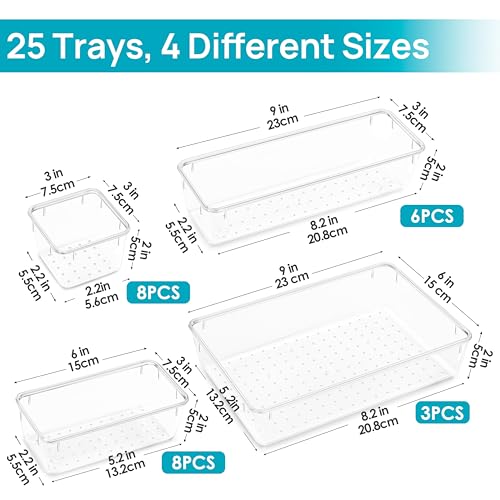Vtopmart 25 PCS Clear Plastic Drawer Organizers Set, 4-Size Versatile Bathroom and Vanity Drawer Organizer Trays, Storage ...