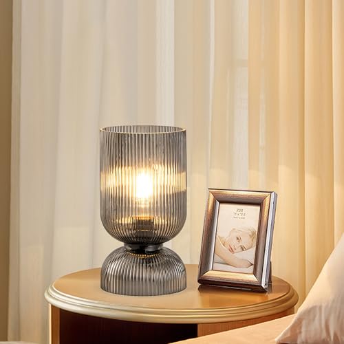 Gmrhndy Modern Table Lamp,Glass Mid Century Lamp with Smoky Gray Glass Shade, Bedside Lamp with On/Off Switch, Minimalist ...