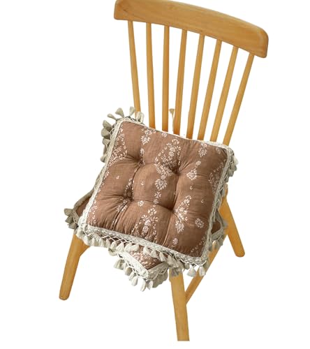 Huierxun Set of 2 Floral Printed Chair Pads with Tassels Cotton Linen Square Chair Cushions 17x17x3 Inch Seat Cushion for ...