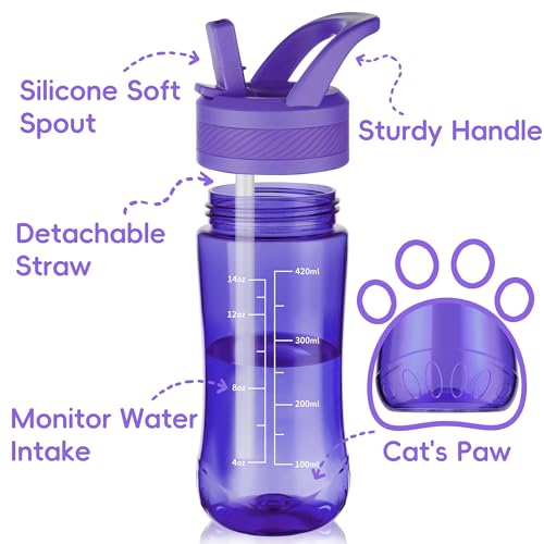 Kids Water Bottle, Dustproof Leakproof Cover, BPA Free Tritan Water Bottle Kids With Volume Markings Drinking 14oz Clear W...