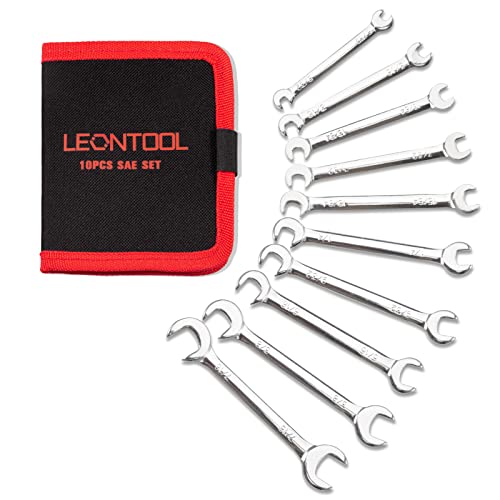 LEONTOOL Mini Double Open End Wrench Set SAE 10 Pcs 5/32" to 7/16" with Portable Storage Pouches Mirror Chrome Finish Supe...