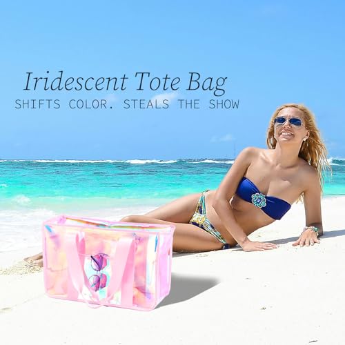 Fammart Iridescent Clear Beach Bags Waterproof Sandproof for Women, Large Jelly Tote Zipper Pool Bag Cruise Essentials 2026