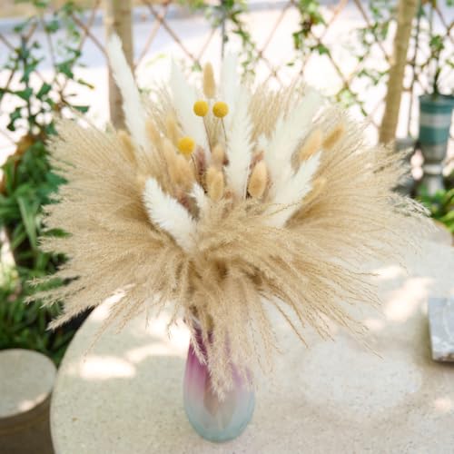 100PCS Natural Dried Pampas Grass Decor - 17.5" Fluffy Pampas Grass Bouquet - Boho Home Decor Dried Flowers for Wedding Fl...