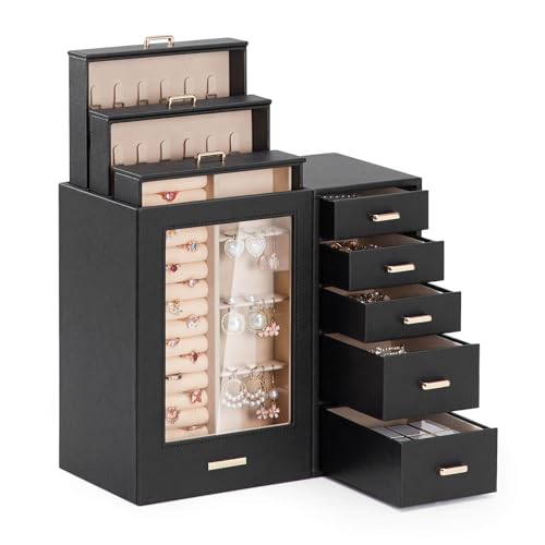 Homde Large Jewelry Box/Organizer/Case with Glass Window, Drawers for Necklaces Earrings Rings Bracelets Watches Gift for ...