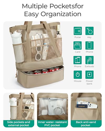 BAGSMART Beach Bag for Women, Mesh Tote Bags with Zipper, Sandproof Vacation Essentials with Cooler for Swim Cruise Pool