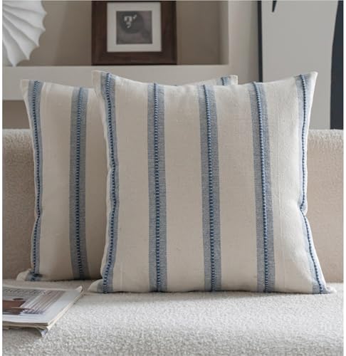 Cethom Boho Throw Pillow Covers 18x18 Set of 2, Beige and Blue Striped Decorative Pillow Cases for Couch Chair Bed, Textur...