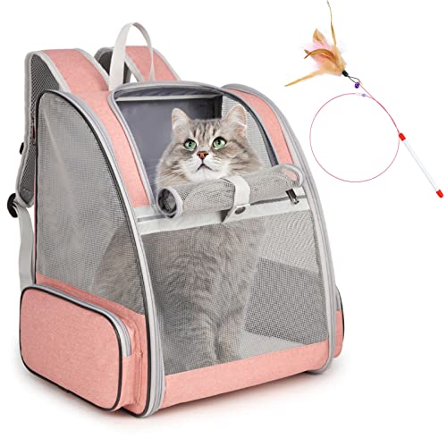 Cat Backpack Carrier, Large Pet Backpack with Kitten Wand Feather Toy for Medium Small Dog Cat Puppy Kitty Bunny up to 15l...