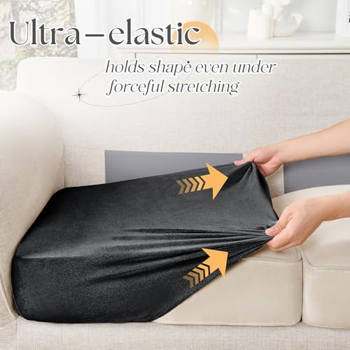 Cobedzy Black Velvet Stretch Couch Cushion Cover, Soft Sofa Seat Cushion Covers, Sofa Cushion Slipcover with Elastic Botto...