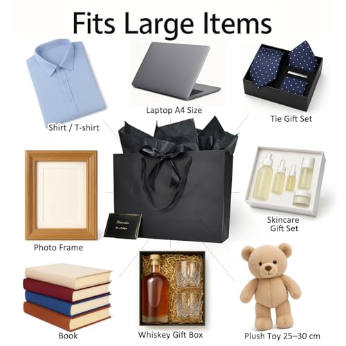 Papertide 2 Pack 16x6x12 Inch Large Black Gift Bag Set with Tissue Paper, Greeting Card & Ribbon, Big Gift Wrapping Kits f...