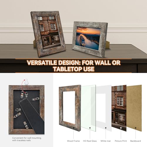 Bagous 5x7 Picture Frames Set of 8, Vintage Rustic Farmhouse Industrial Style Photo Frames, High Definition Real Glass, fo...