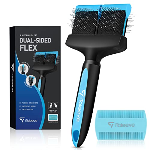 iToleeve Dual Flex Slicker Brush Dog Brush, Gentle Grooming Tool for Sensitive Dogs & Cats - Ideal for Long Hair, Removes ...