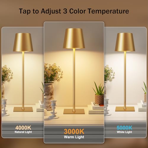 Gold Cordless Rechargeable Table Lamp, 2 Pack Portable Desk Lamp with 5000mAh Battery, Touch Control Stepless Dimming, Wir...